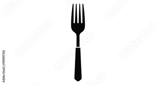 A simple black silhouette of a standard dining fork is centrally positioned on a stark white background