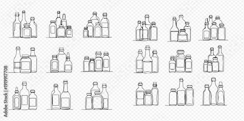Set of hand-drawn sketch style bottles and jars for various liquids, beverages, and food products on a transparent background.