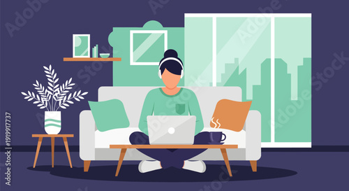 Young woman working on laptop while sitting on sofa.