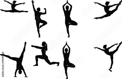 Dynamic silhouettes of dancers performing various yoga and flexibility poses.