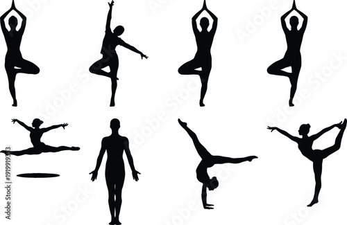 Diverse yoga and gymnastics poses in silhouette style