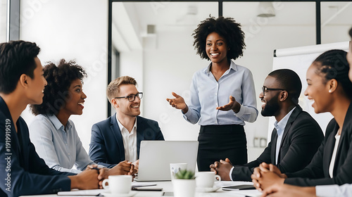 Confident African American Businesswoman Leading a Diverse Team Meeting, Presenting Ideas and Collaborating in Modern Office