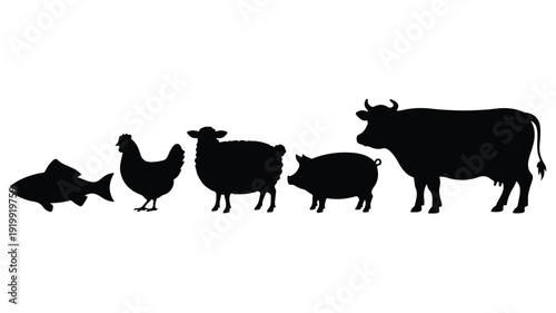 Collection of farm animal and fish silhouettes.
