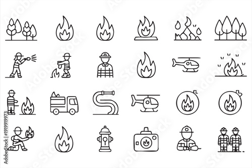 Firefighting Equipment and Wildfire Symbol Collection for Safety Graphics