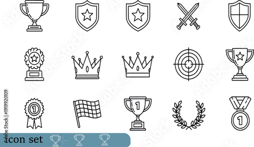Print Victory and Achievement Icon Set Featuring Championship Trophies Winner Medals Shields Crowns and Racing Finish Line Symbols