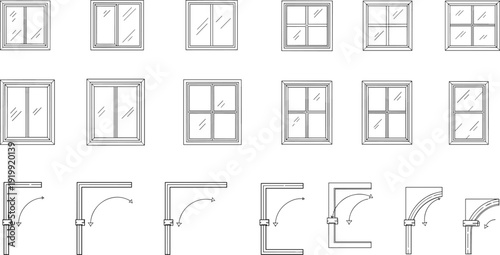 Collection of architectural window designs and technical corner joint illustrations, including 