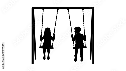 A swing silhouette illustration of a boy and girl playing outdoors