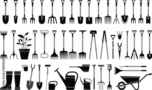 Collection of black silhouette illustrations of gardening tools and equipment, including shovels, rakes, hoes, watering cans, wheelbarrows, boots, and plant pots for landscaping and horticulture.
