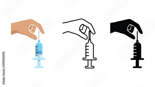 Syringe icon set with hand holding needle in different styles and colors