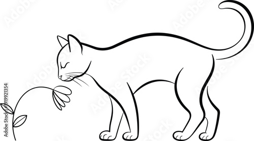 Minimalist black line of a cat sniffing a flower on a white background kitten feline