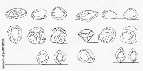 Set of continuous line drawings of various gemstones and crystals, perfect for jewelry and spiritual designs.
