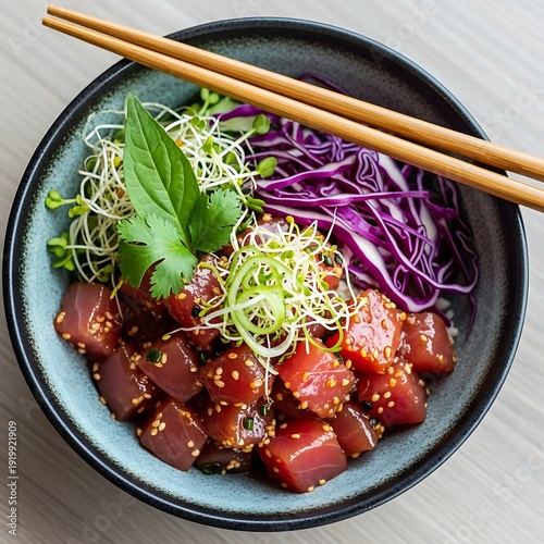Freshly prepared raw fish cubes top a colorful salad bowl served with wooden utensils
