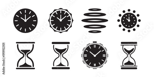 Collection of traditional clock faces and hourglass symbols for time management concepts set