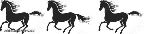 Three black silhouette horses running with flowing manes and tails on a white background