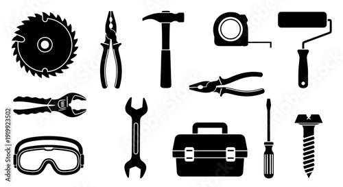 Black silhouettes of various tools and equipment for construction and DIY projects on white background