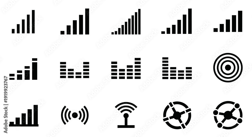 Obraz premium Collection of various data analysis and technology icons including graphs charts and wireless signals for business and communication concepts