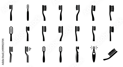 Collection of various black toothbrushes in different poses and styles on white background  dental hygiene icons