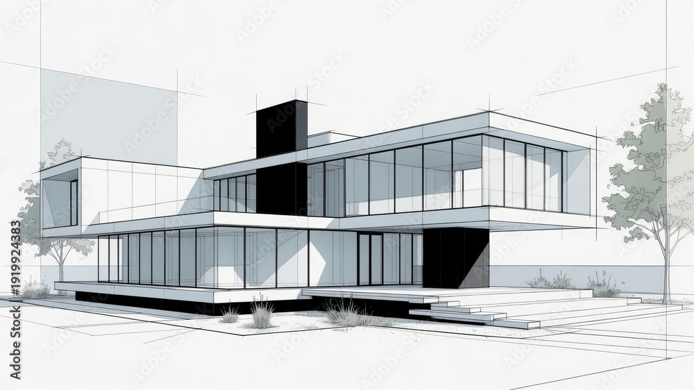 Fototapeta premium Drawing of a beautiful modern private house in line art style.
