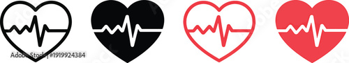 Heart rate icons with ecg line in different colors and styles