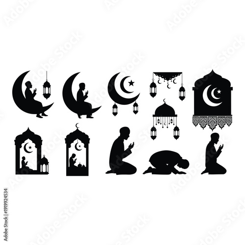 Black silhouettes of Muslim men praying and various Islamic symbols like crescent moons stars and lanterns on white background for Ramadan and Eid celebrations  cultural and religious icons