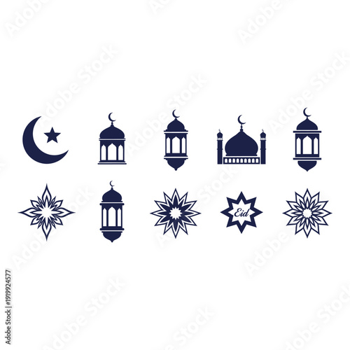 Islamic eid mubarak symbols and icons  mosque lanterns crescent moon star designs  Ramadan Kareem celebration elements