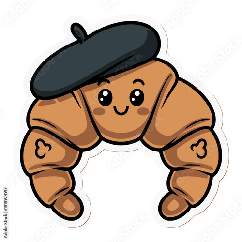 Croissant Wearing a Beret Funny Cute Sticker | Adorable Cartoon Croissant with French Hat Illustration | Whimsical Kawaii Croissant Character Sticker | Playful Croissant in Beret Digital Artwork