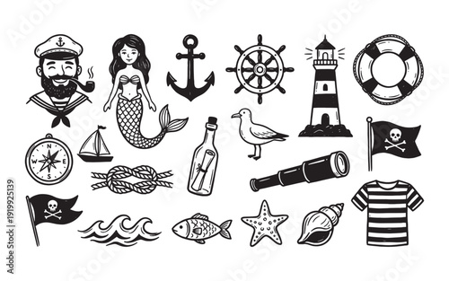 Hand-drawn doodle style illustration set of sailor and maritime nautical icons.