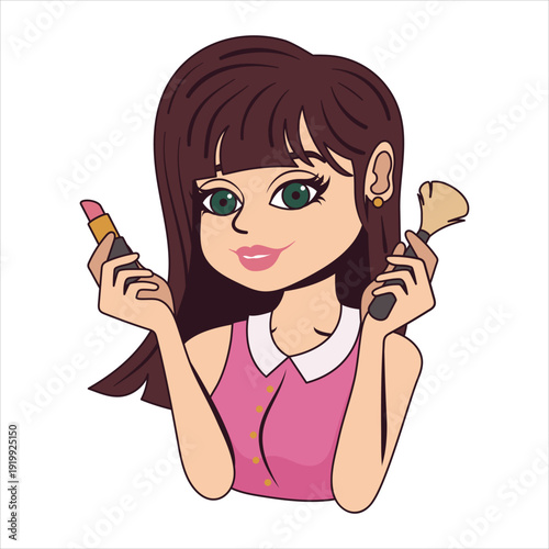 Beautiful cartoon woman holding various makeup tools Vector