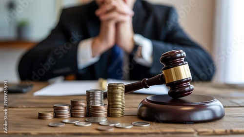 Judge gavel with stacked coins and businessman symbolizing financial law concept