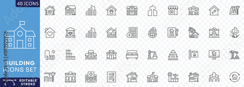 Building Line Icons set. Contains icons of residential and public buildings: office, government, school, hotel, university, hospital Etc. Fully Editable. Vector illustration.