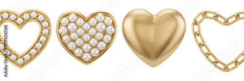 Gold heart shapes and chain on white background isolated on a transparent background