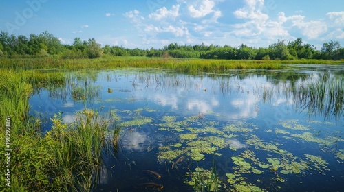 A pristine wetland ecosystem teems with wildlife including birds, amphibians, and aquatic plants illustrating the complexity of freshwater ecology