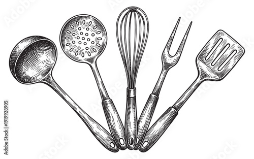 metal kitchen cooking utensils vintage engraving illustration