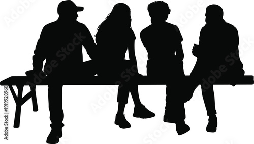 Group of friends sitting on bench silhouette, young people talking outdoors, social gathering scene, teamwork friendship concept illustration