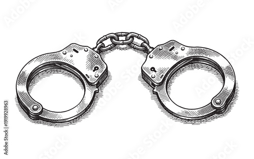 heavy metal police handcuffs with a chain vintage engraving illustration