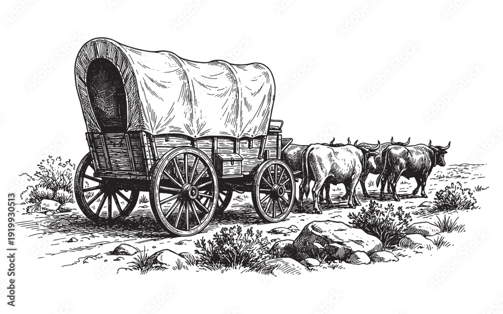 Αυτοκόλλητο pioneer covered wagon pulled by oxen through a rocky landscape vintage engraving