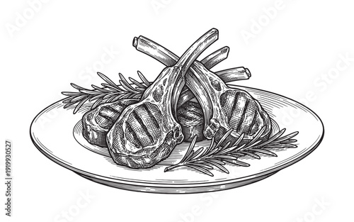 grilled lamb chops served on a plate with rosemary sprigs vintage engraving illustration