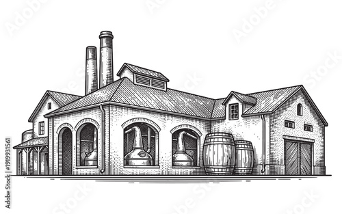 traditional distillery building featuring copper stills and wooden barrels.