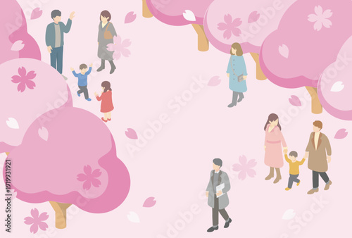 お花見を楽しむ人々のアイソメトリックイラスト。満開の桜、家族、カップル、子供たちの春の風景