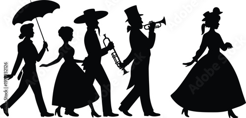 Vintage parade silhouette with musicians and women in Victorian dresses, umbrella and trumpet players, retro festival vector illustration isolated