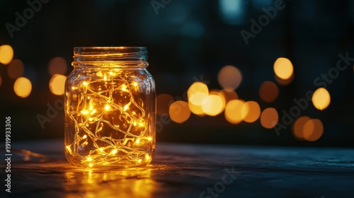 A glowing jar filled with fairy lights creating a magical ambiance in a darkened room