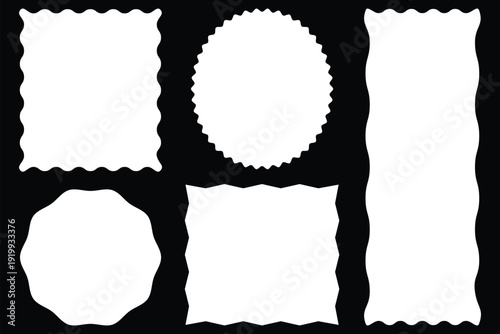 Set of rectangular, round, oval and square scalloped frames. Zig zag wavy edge shapes. Abstract elements for tags and stickers. Vector illustration of silhouette blank for sicker, label, tag, badge.