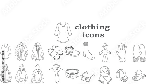 Minimalist vector line art set of clothing icons including jackets shirts shoes hats and fashion accessories