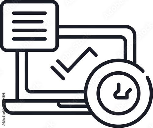 Productivity vector icon of laptop with document and clock on screen.