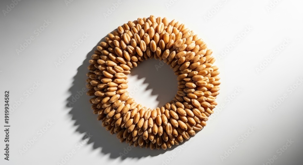 Obraz premium Golden wheat grain circular arrangement on neutral background, minimalist agricultural composition with natural lighting, organic texture and artistic food photography