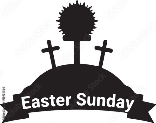 Easter sunday graphic featuring crosses and a crown of thorns on a hill