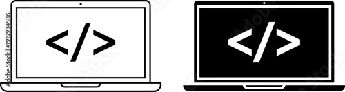 Laptops displaying coding symbols on screens in black and white