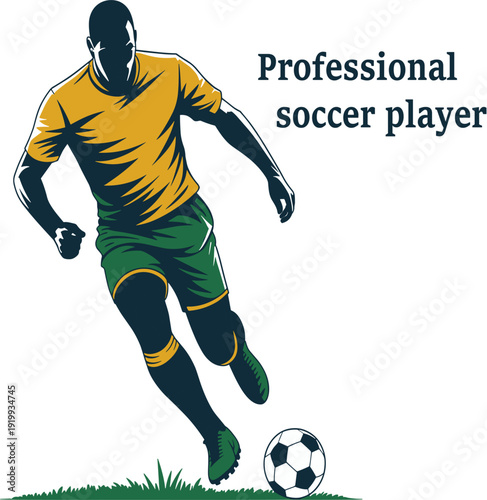 Dynamic vector illustration of a professional soccer player dribbling a football on a green field