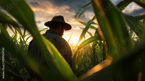 Low angle view of farmer working in corn field at sunset with golden light