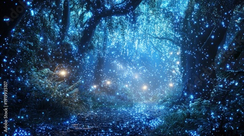 An enchanted forest glows with bioluminescent plants and floating fairy lights creating a surreal and magical fantasy setting